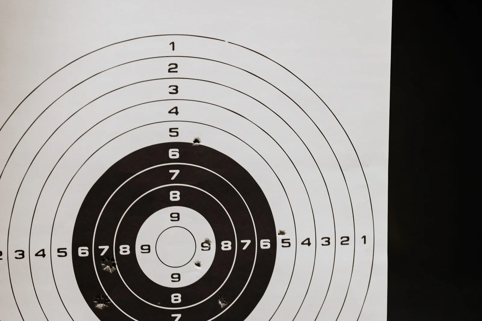 Cible de tir sportif à anneaux numérotés avec un visuel noir au centre et plusieurs impacts